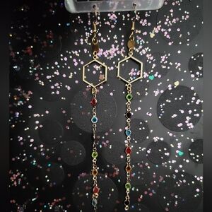 Elegant Gold Hexagon Drop Earrings with Multicolor Gems